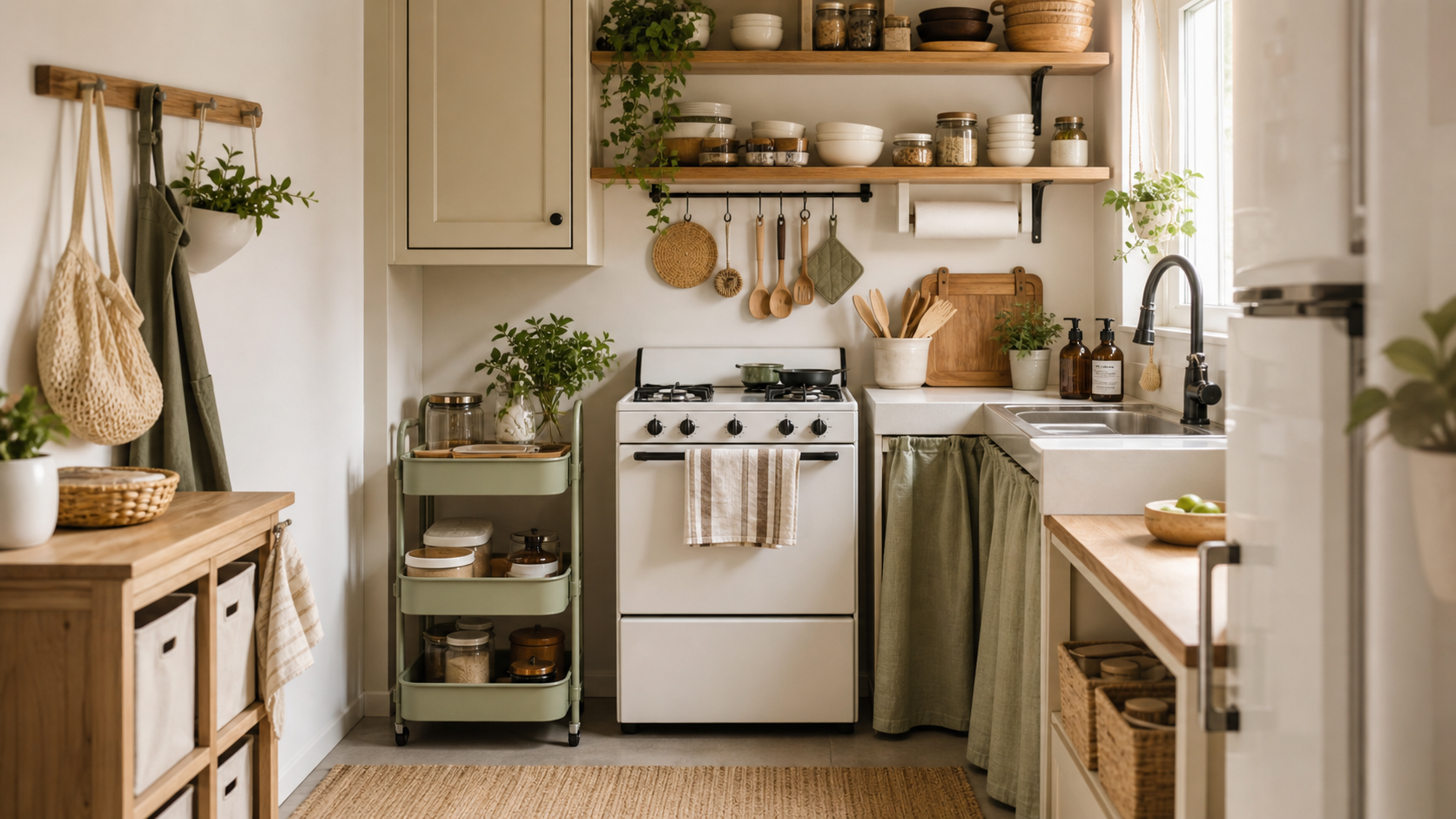 Tiny kitchen organization with warm neutral storage solutions